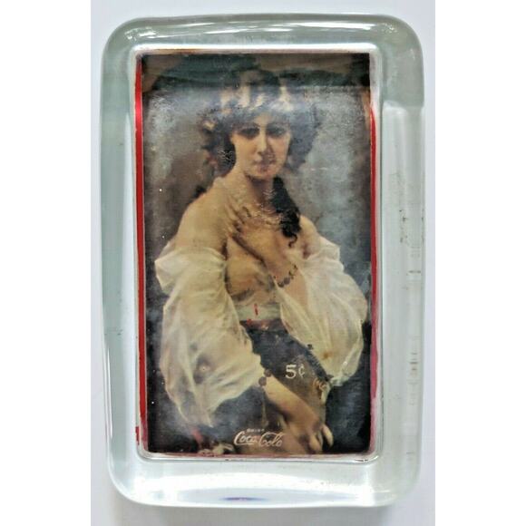 Vintage “Coca Cola” Rectangle Glass Paperweight Lady 5 cent About 4